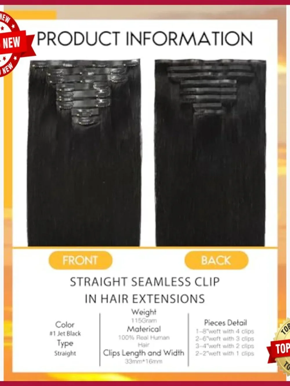 22 Inch Straight Human Hair Clip-In Extensions, 8 Piece Set, Ultra Thin Weft